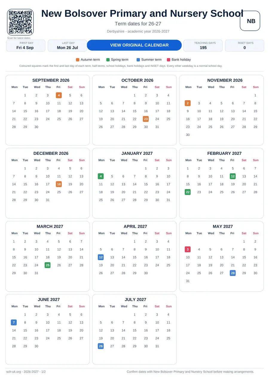 New Bolsover Primary and Nursery School interactive calendar 2026–2027