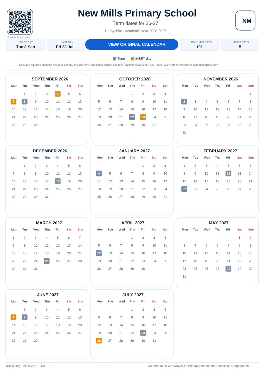 New Mills Primary School interactive calendar 2026–2027