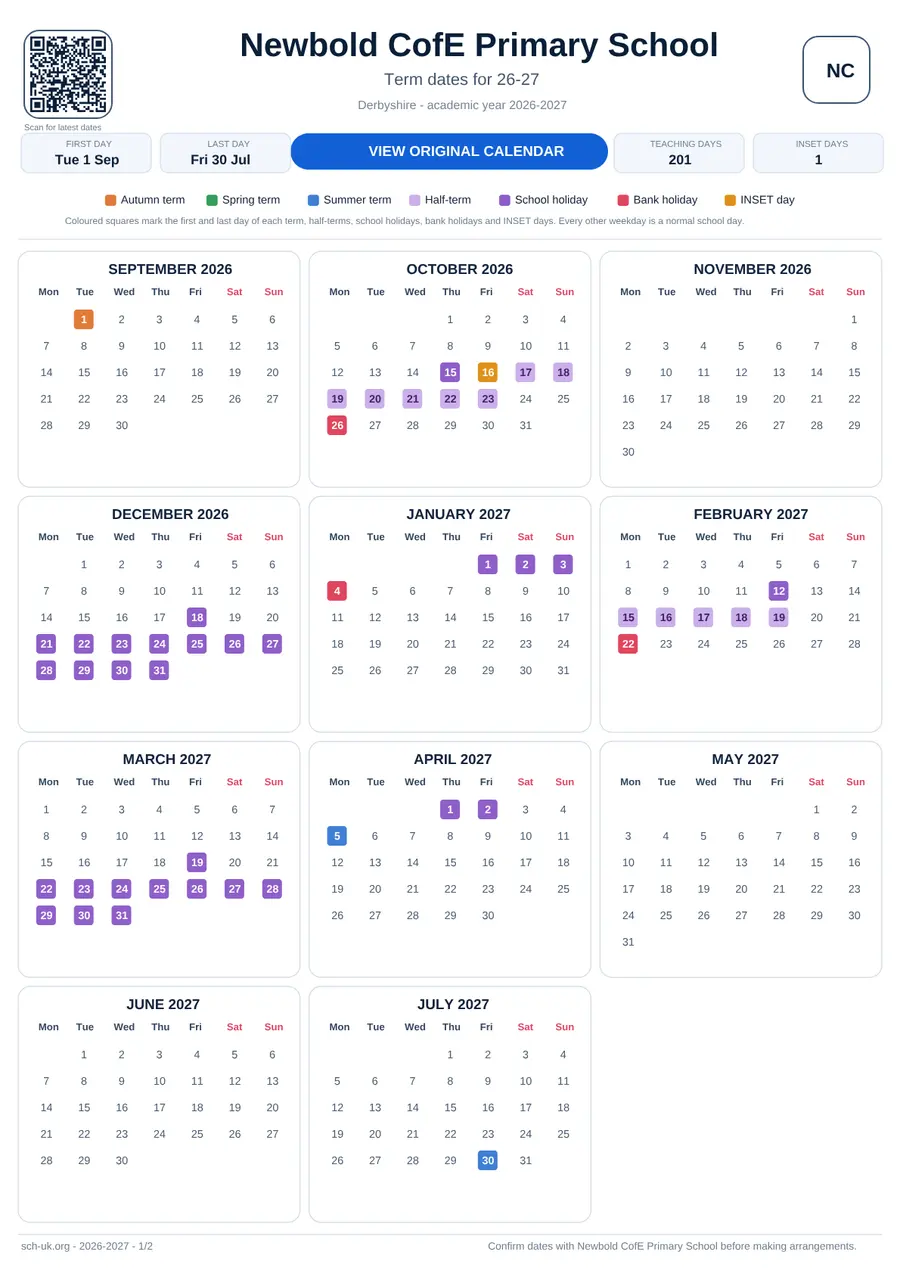 Newbold CofE Primary School interactive calendar 2026–2027