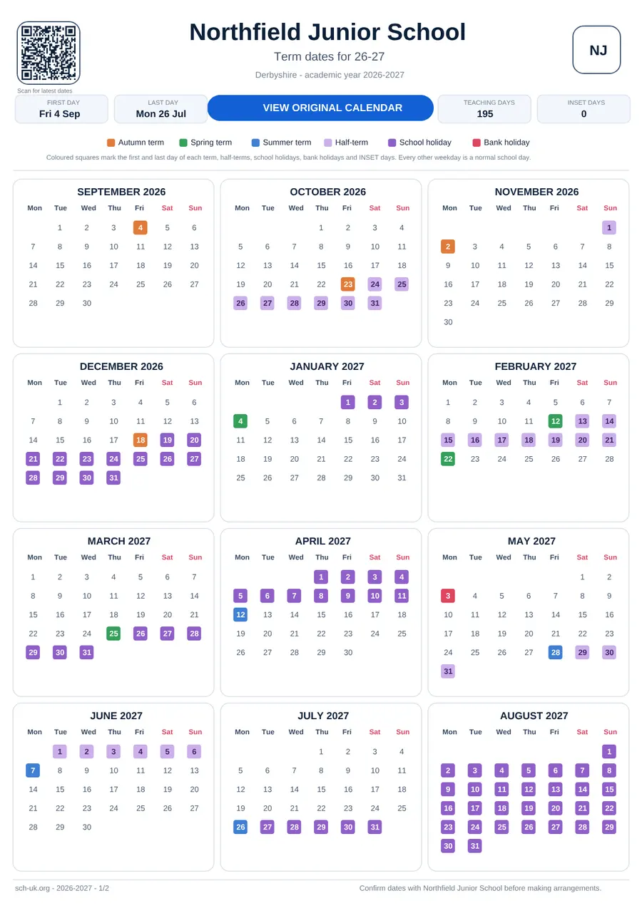 Northfield Junior School interactive calendar 2026–2027