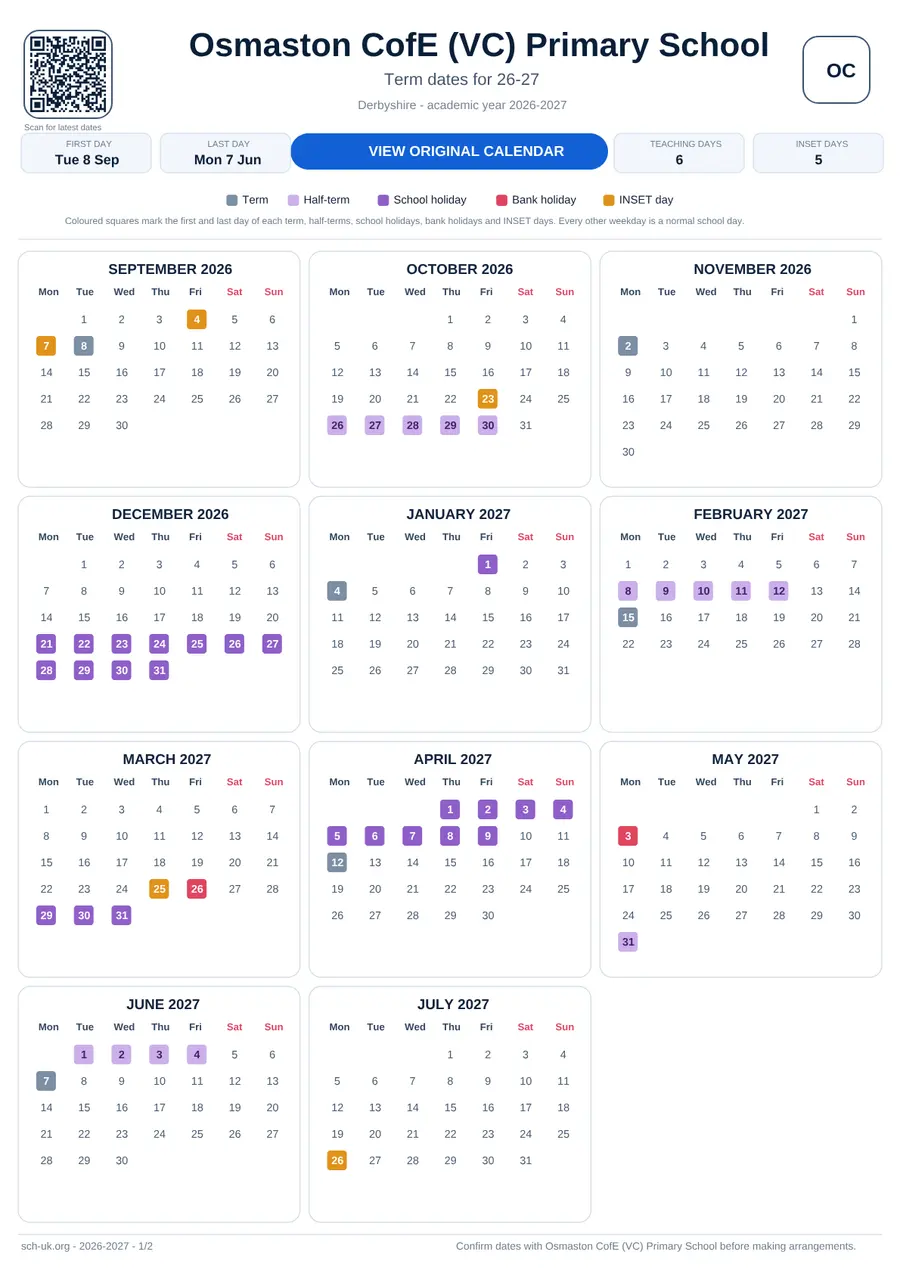 Osmaston CofE (VC) Primary School interactive calendar 2026–2027