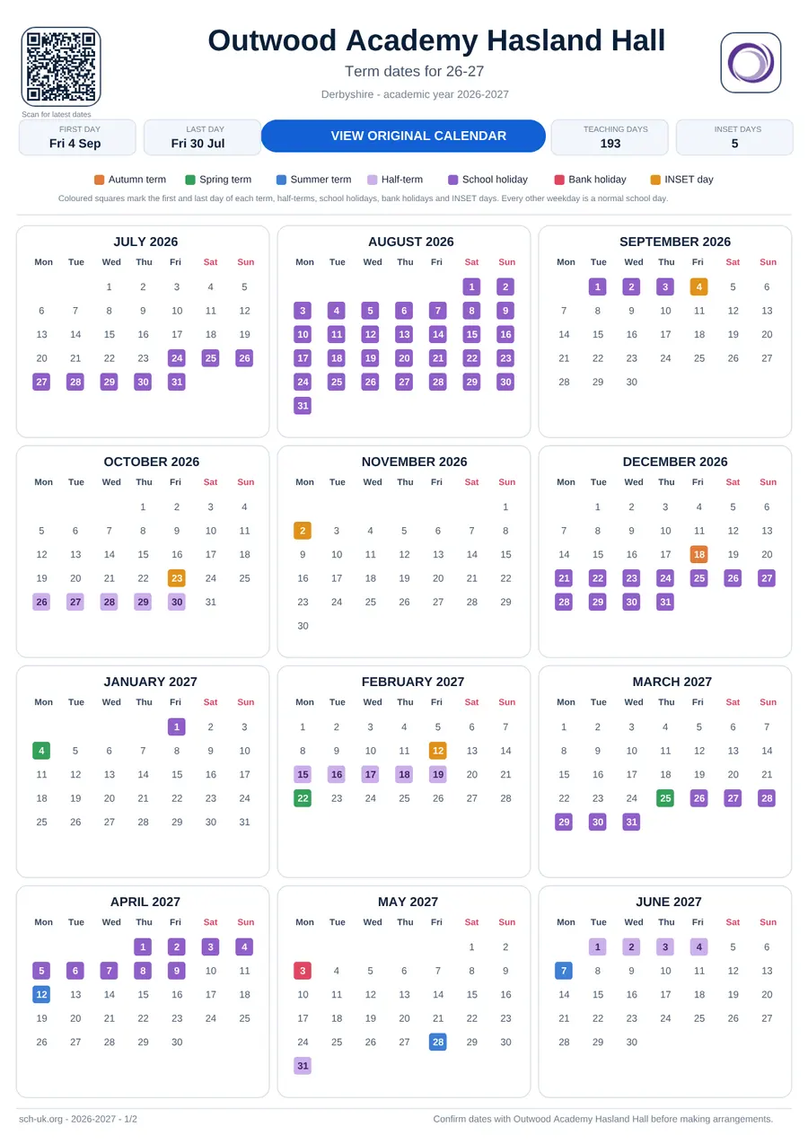Outwood Academy Hasland Hall interactive calendar 2026–2027
