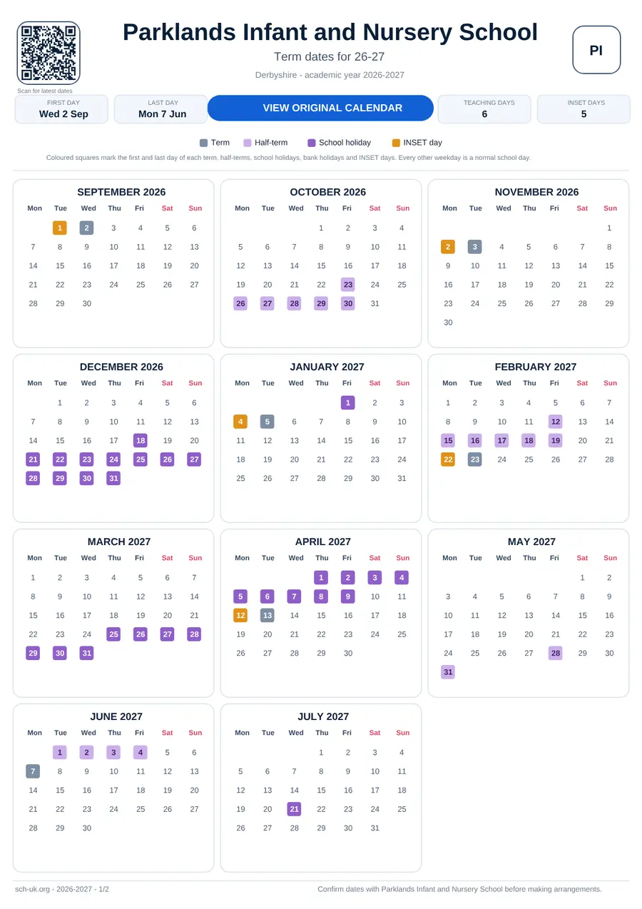 Parklands Infant and Nursery School interactive calendar 2026–2027