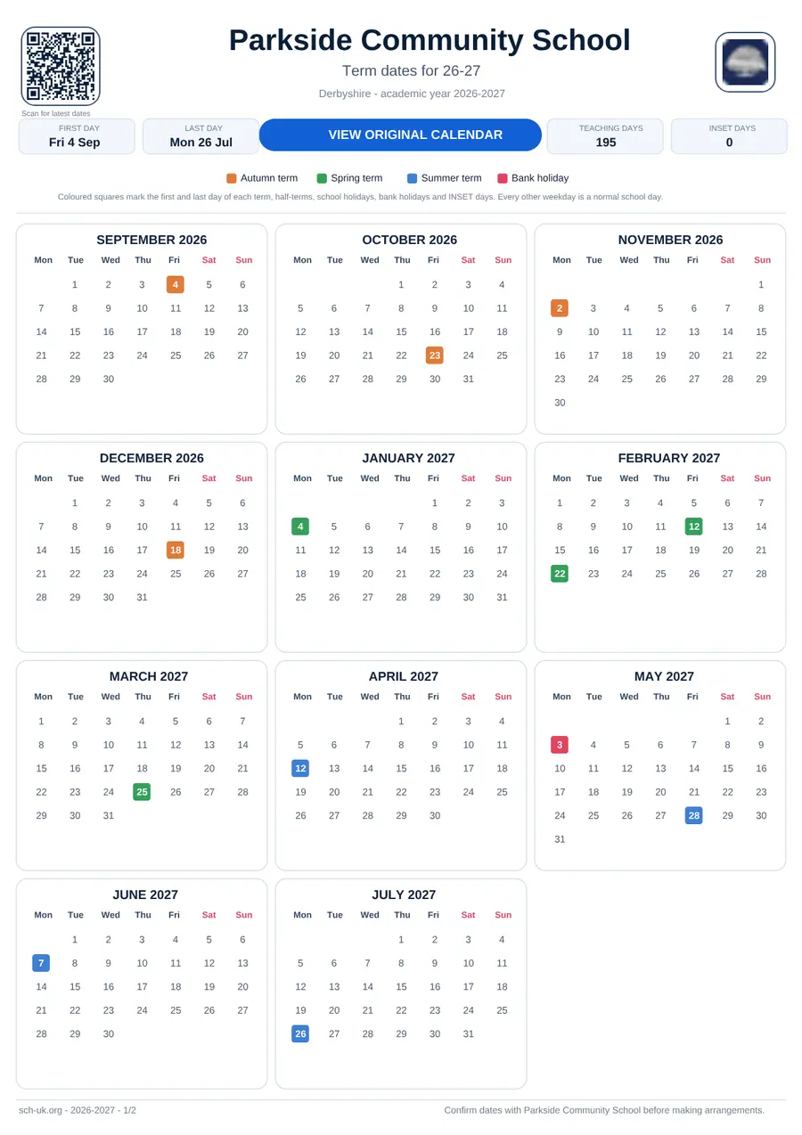 Parkside Community School interactive calendar 2026–2027