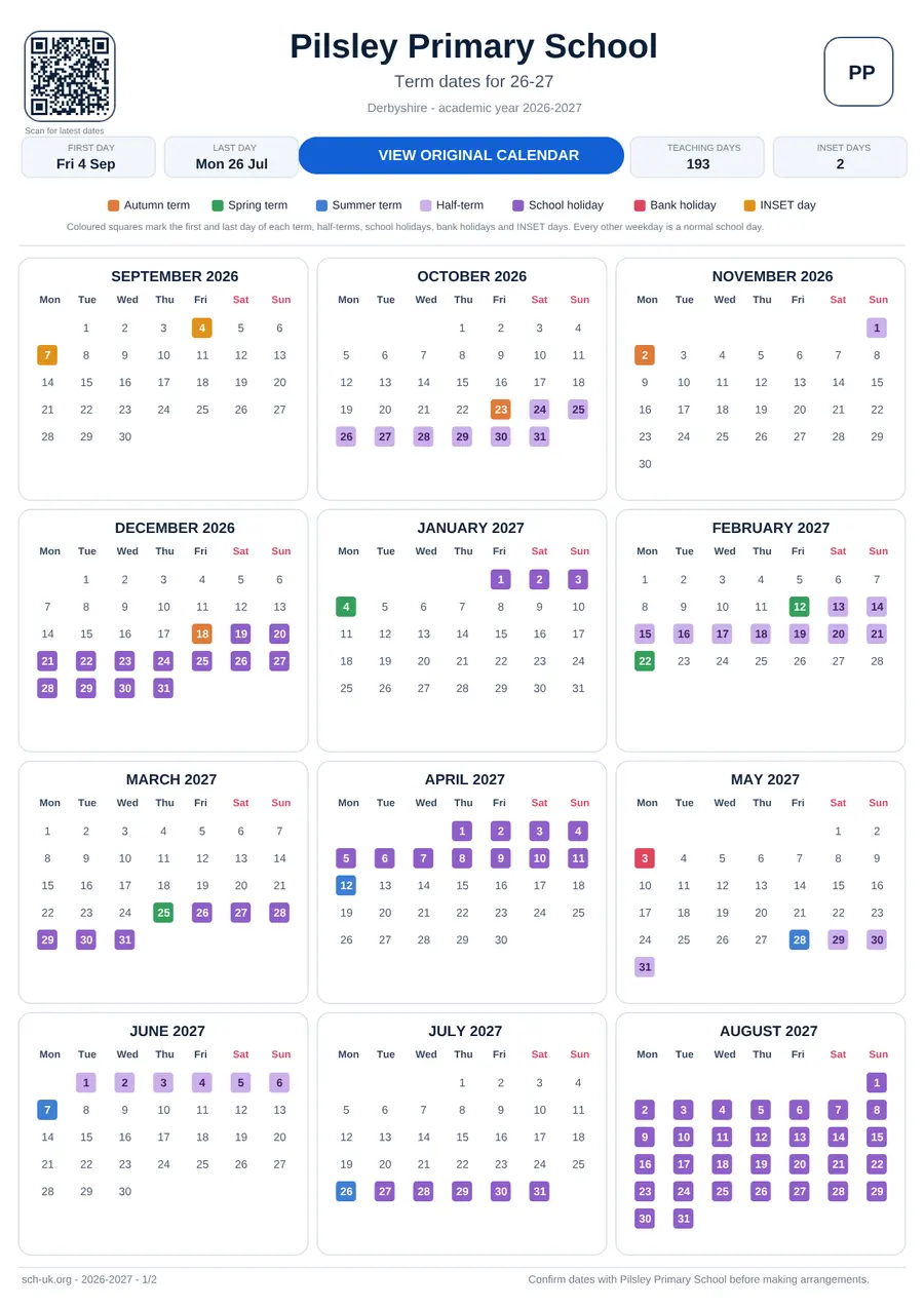 Pilsley Primary School interactive calendar 2026–2027