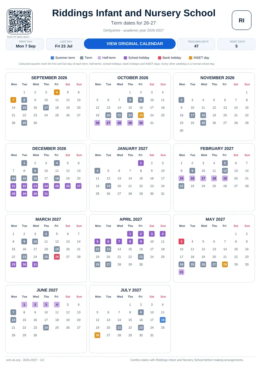 Riddings Infant and Nursery School interactive calendar 2026–2027