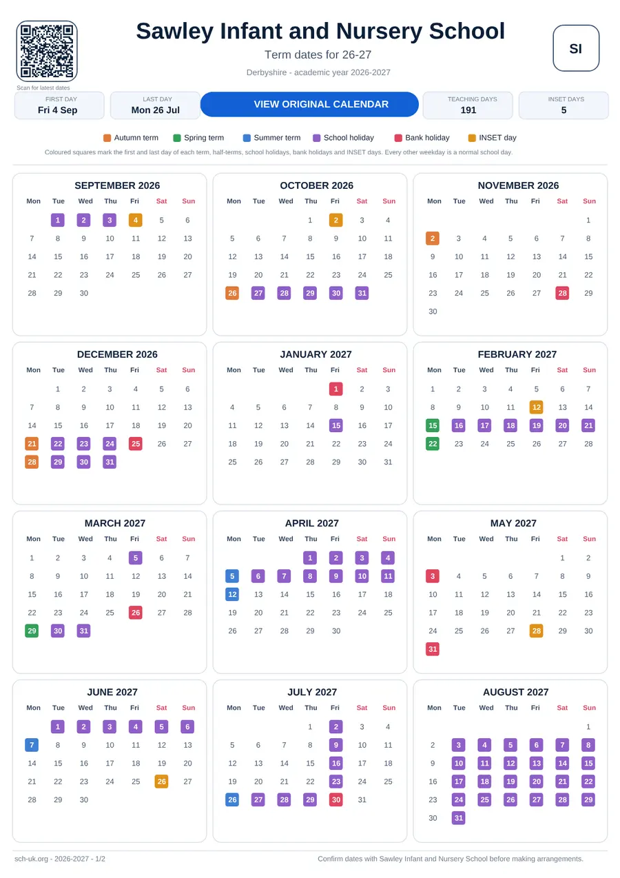 Sawley Infant and Nursery School interactive calendar 2026–2027