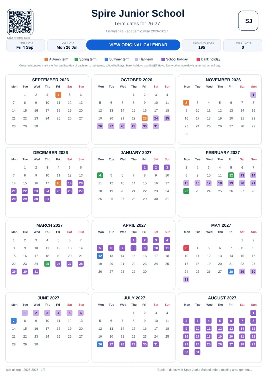 Spire Junior School interactive calendar 2026–2027