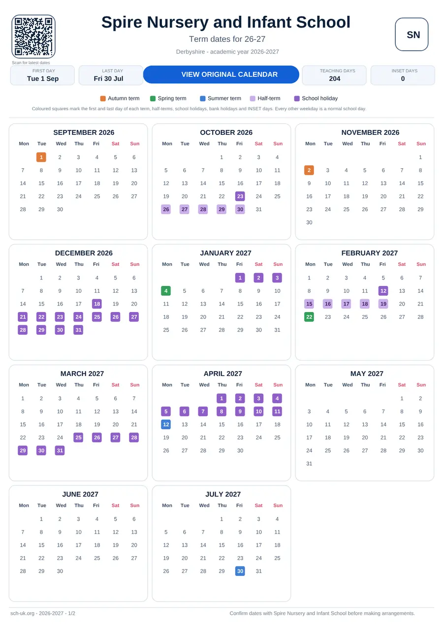 Spire Nursery and Infant School interactive calendar 2026–2027