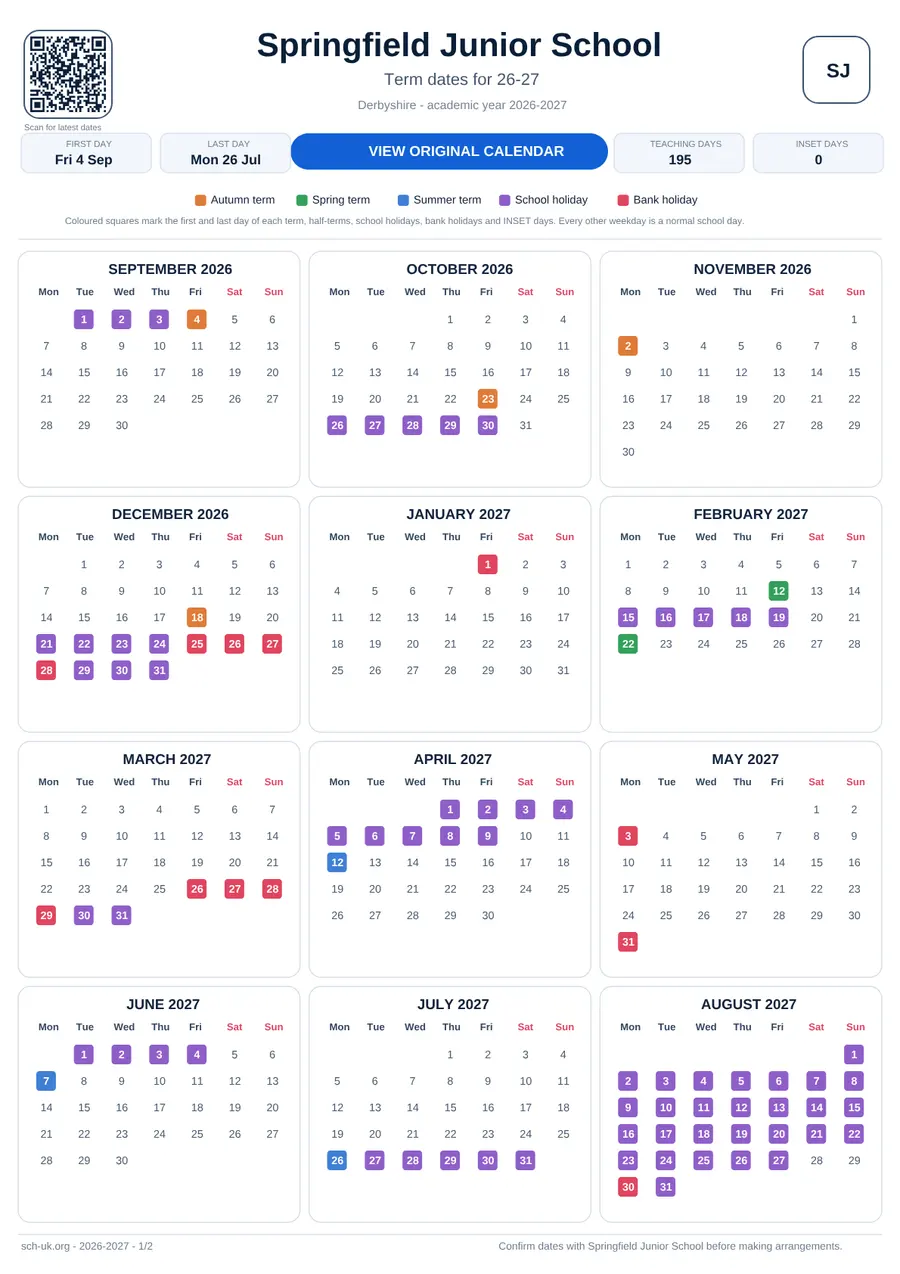 Springfield Junior School interactive calendar 2026–2027