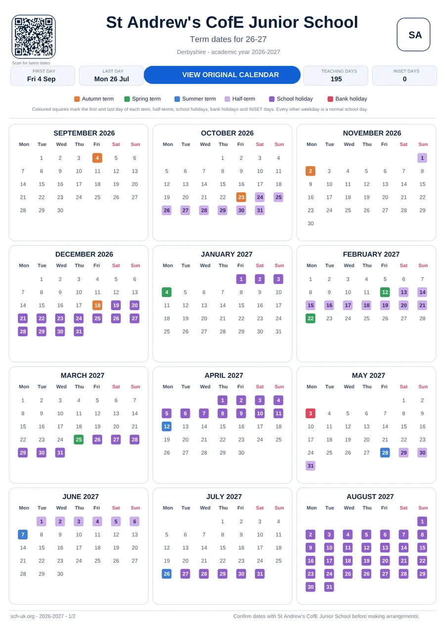 St Andrew's CofE Junior School interactive calendar 2026–2027