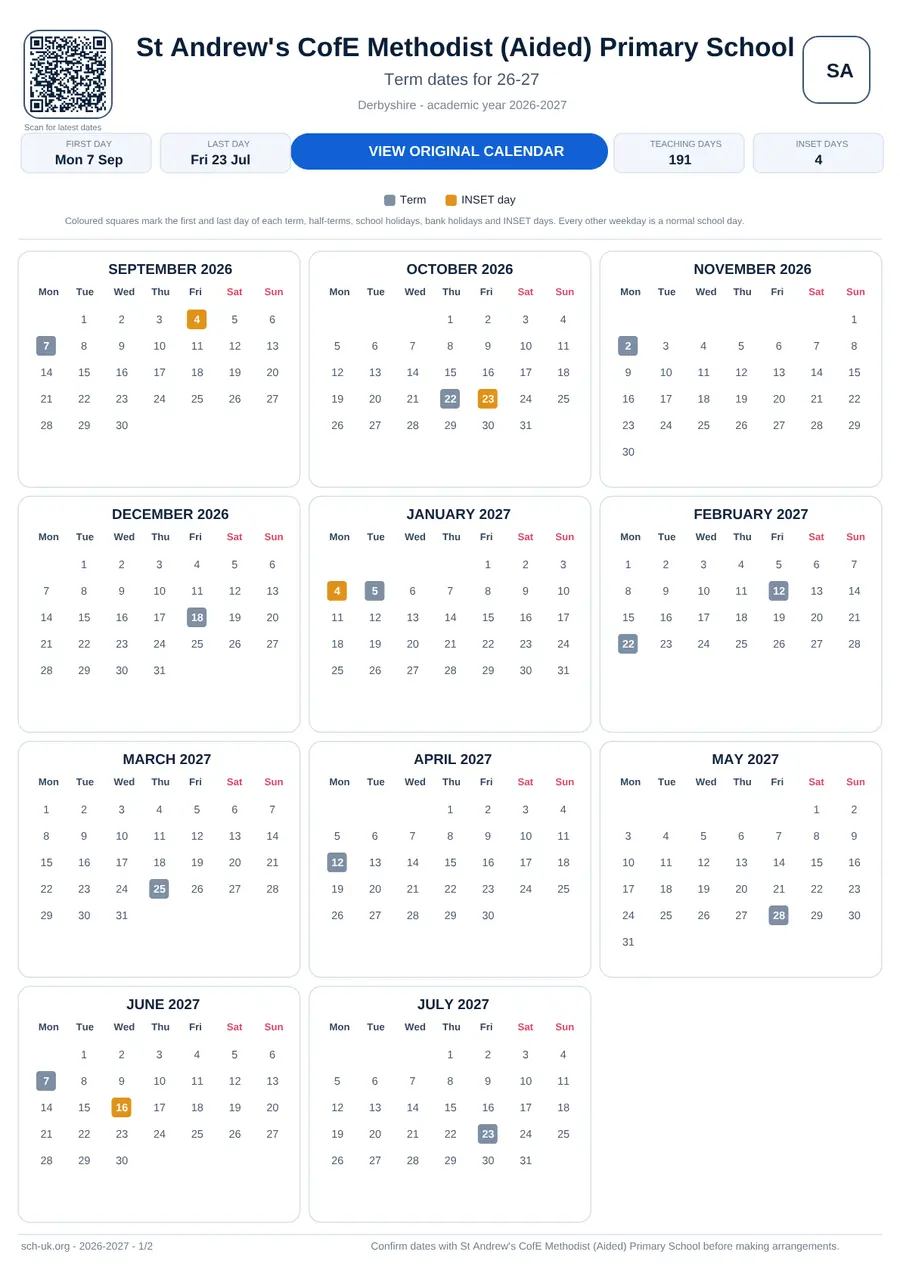 St Andrew's CofE Methodist (Aided) Primary School interactive calendar 2026–2027