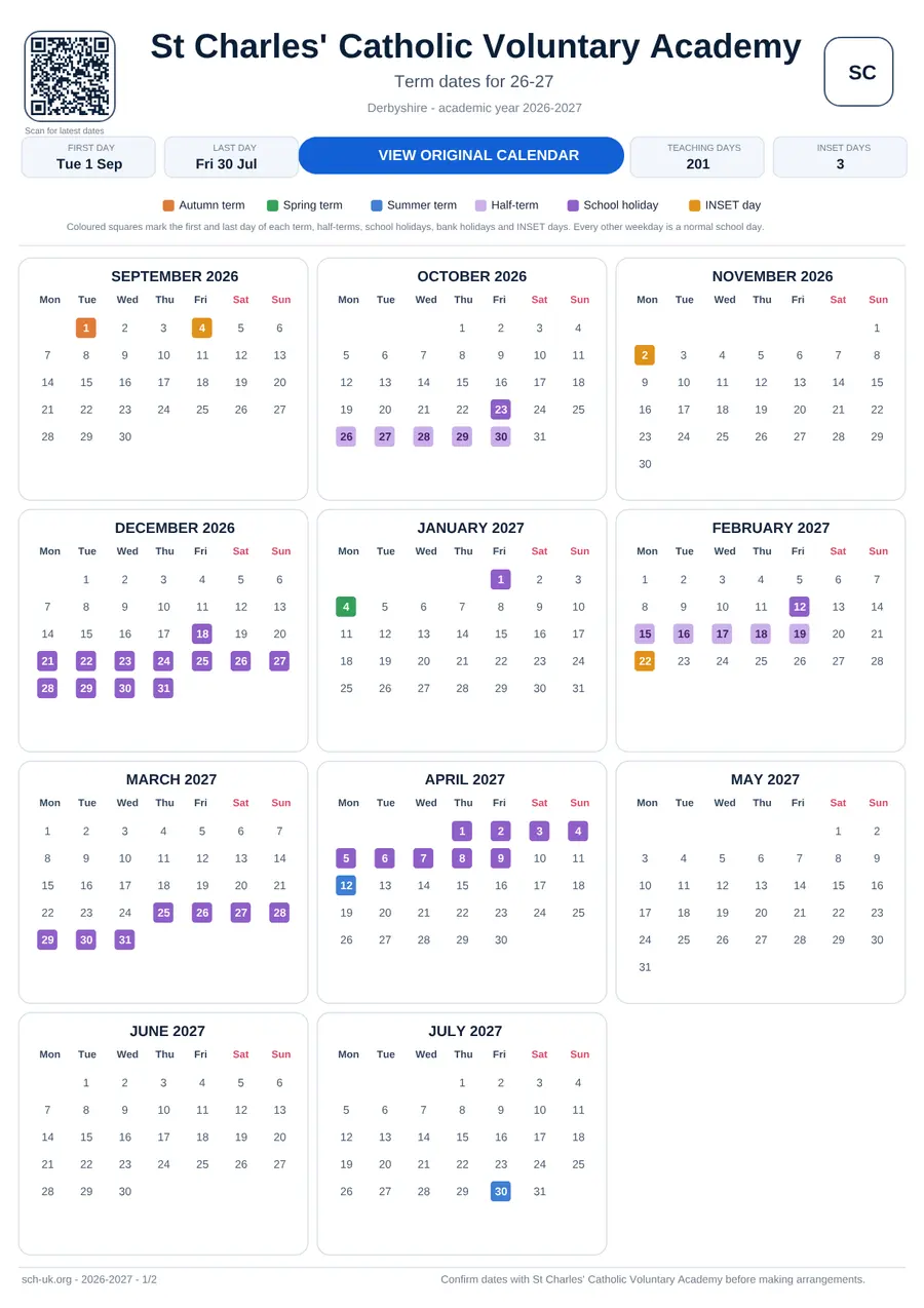 St Charles' Catholic Voluntary Academy interactive calendar 2026–2027