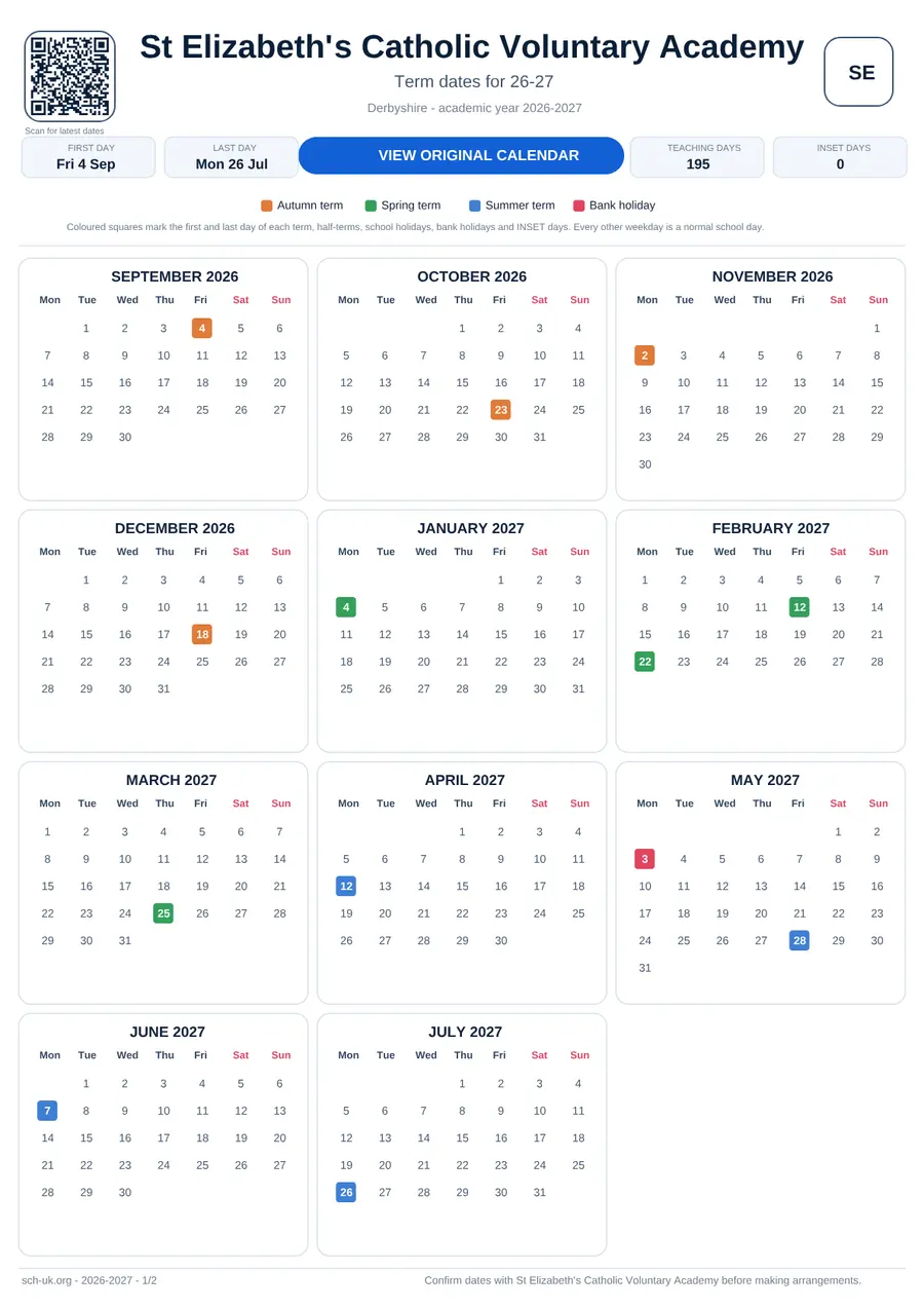 St Elizabeth's Catholic Voluntary Academy interactive calendar 2026–2027