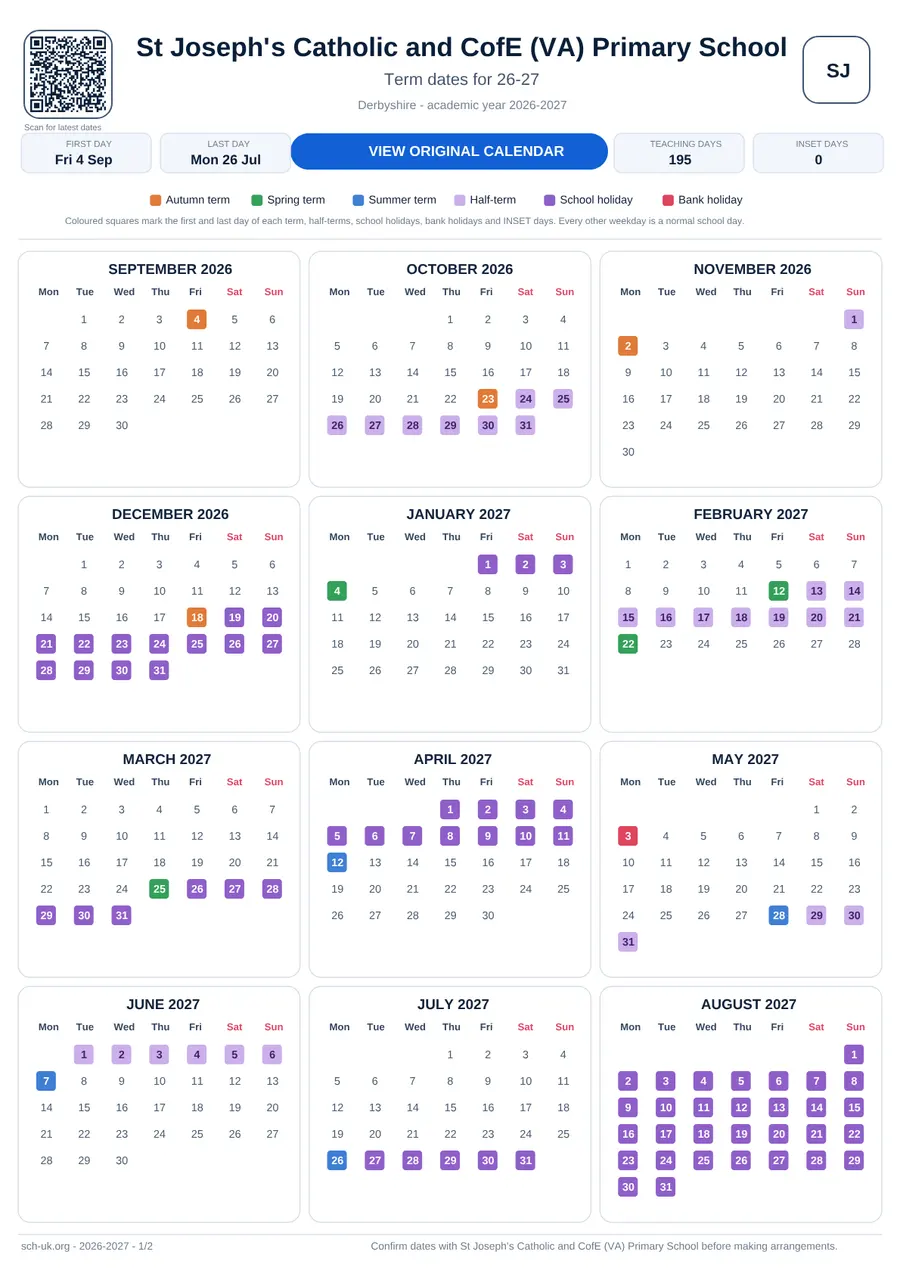 St Joseph's Catholic and CofE (VA) Primary School interactive calendar 2026–2027