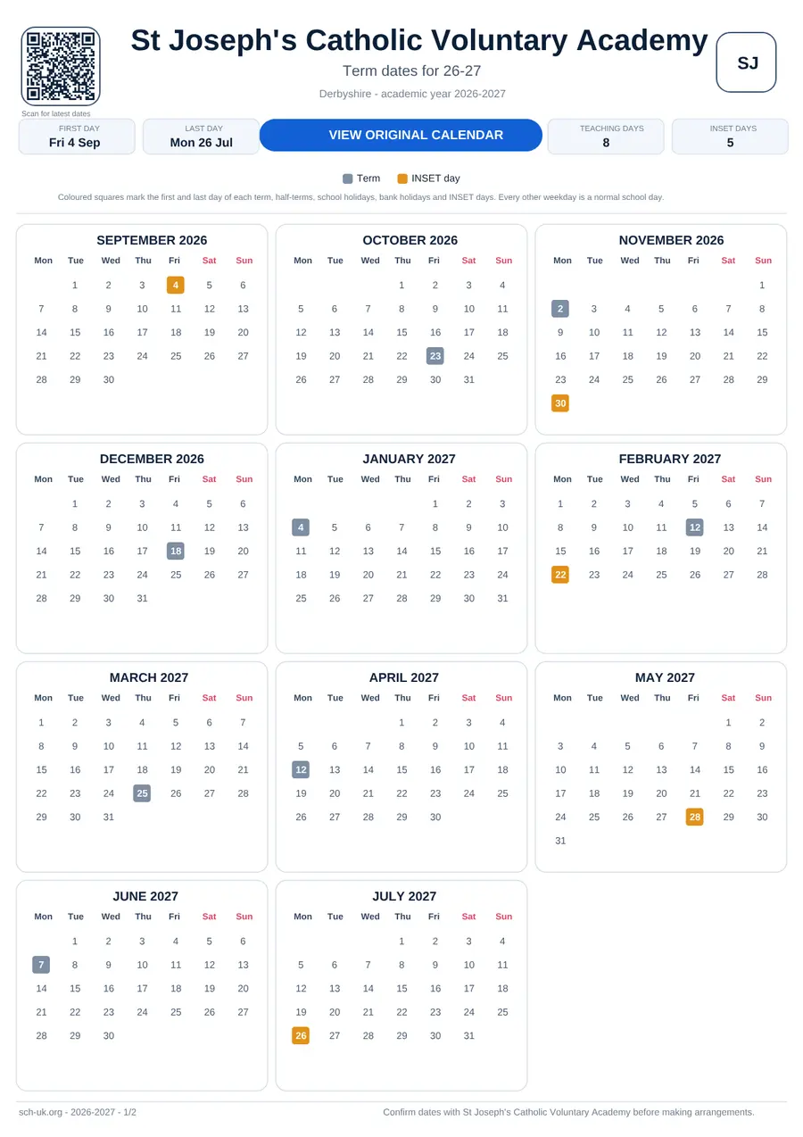 St Joseph's Catholic Voluntary Academy interactive calendar 2026–2027