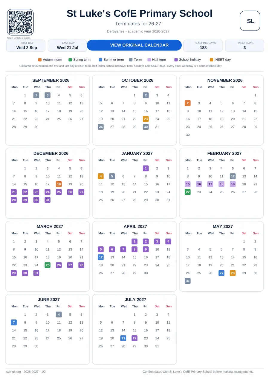 St Luke's CofE Primary School interactive calendar 2026–2027
