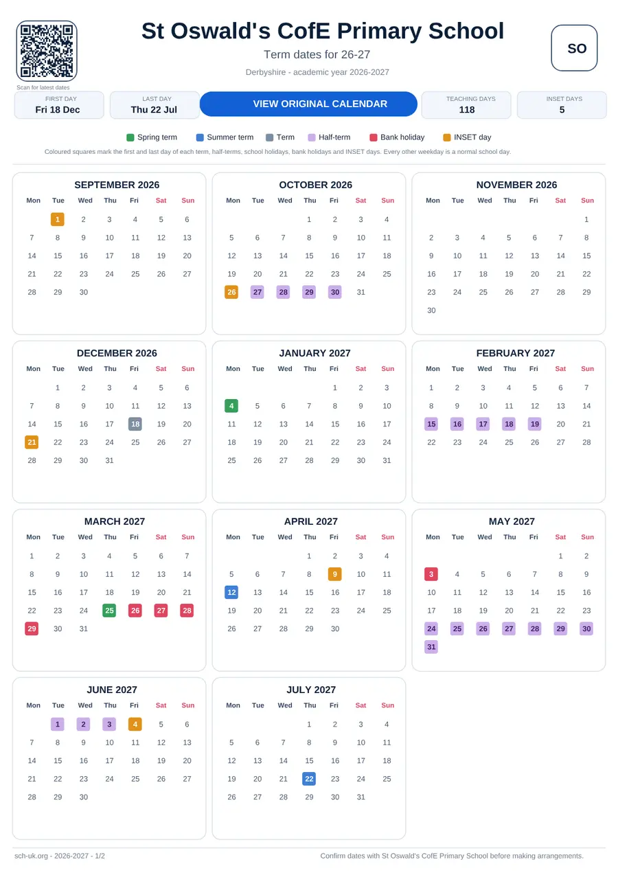 St Oswald's CofE Primary School interactive calendar 2026–2027