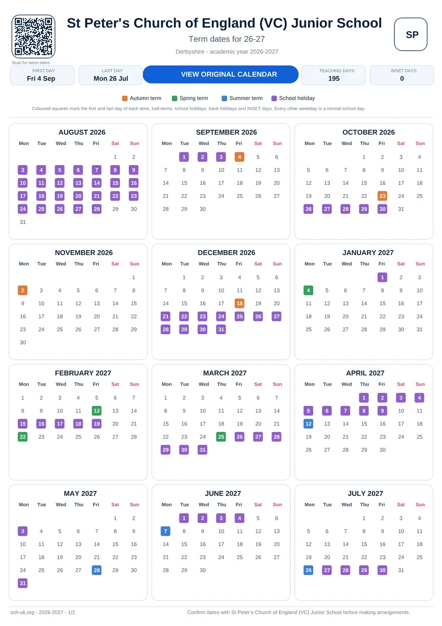 St Peter's Church of England (VC) Junior School interactive calendar 2026–2027