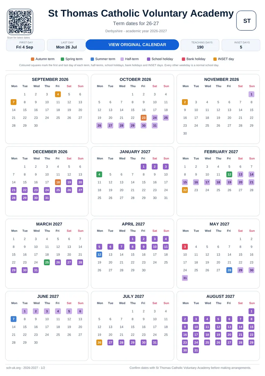 St Thomas Catholic Voluntary Academy interactive calendar 2026–2027