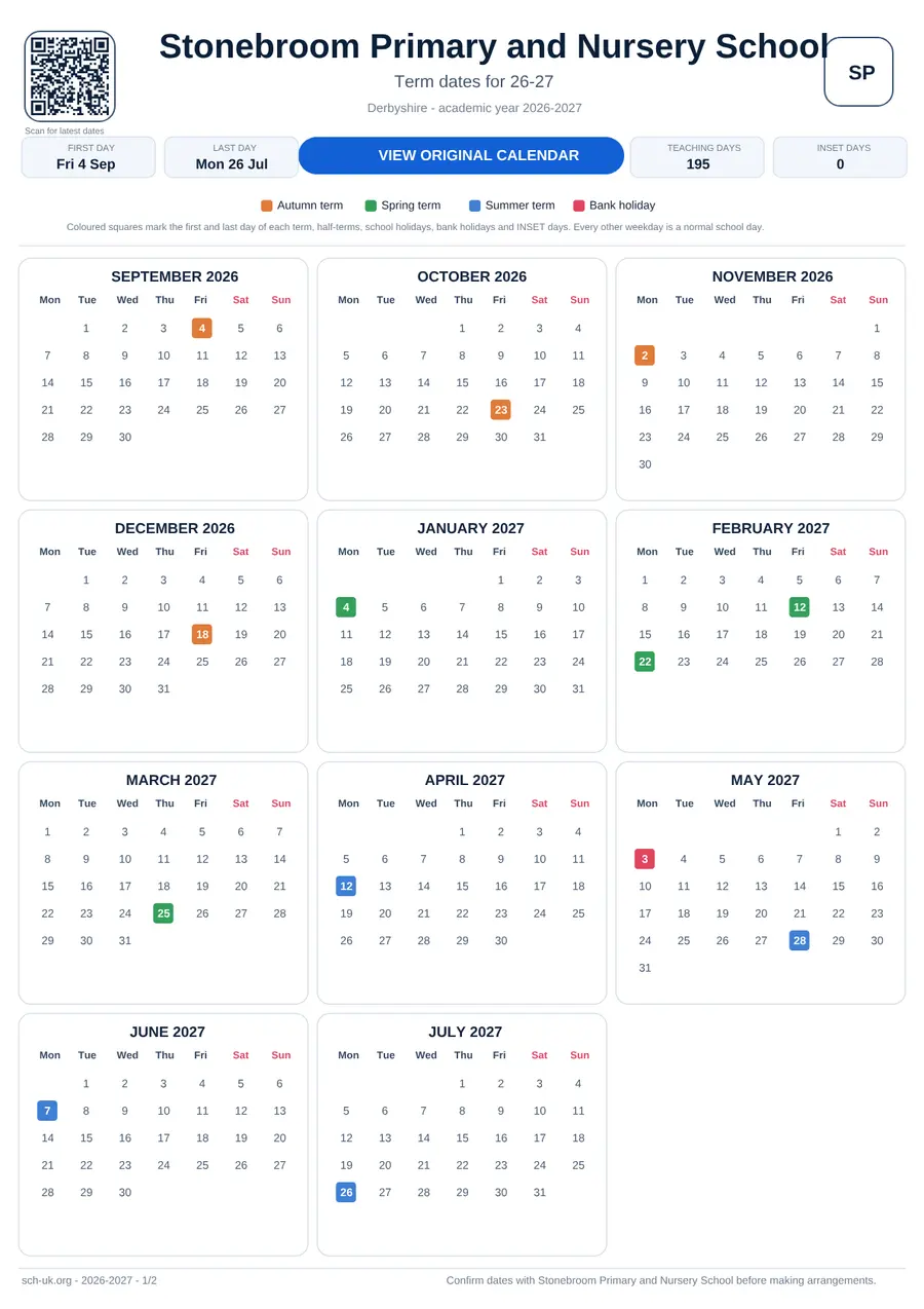 Stonebroom Primary and Nursery School interactive calendar 2026–2027