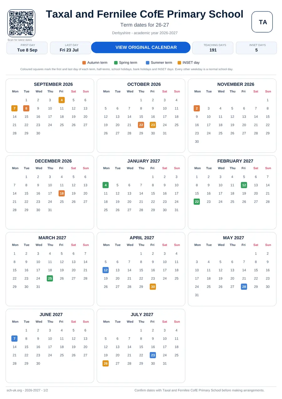 Taxal and Fernilee CofE Primary School interactive calendar 2026–2027