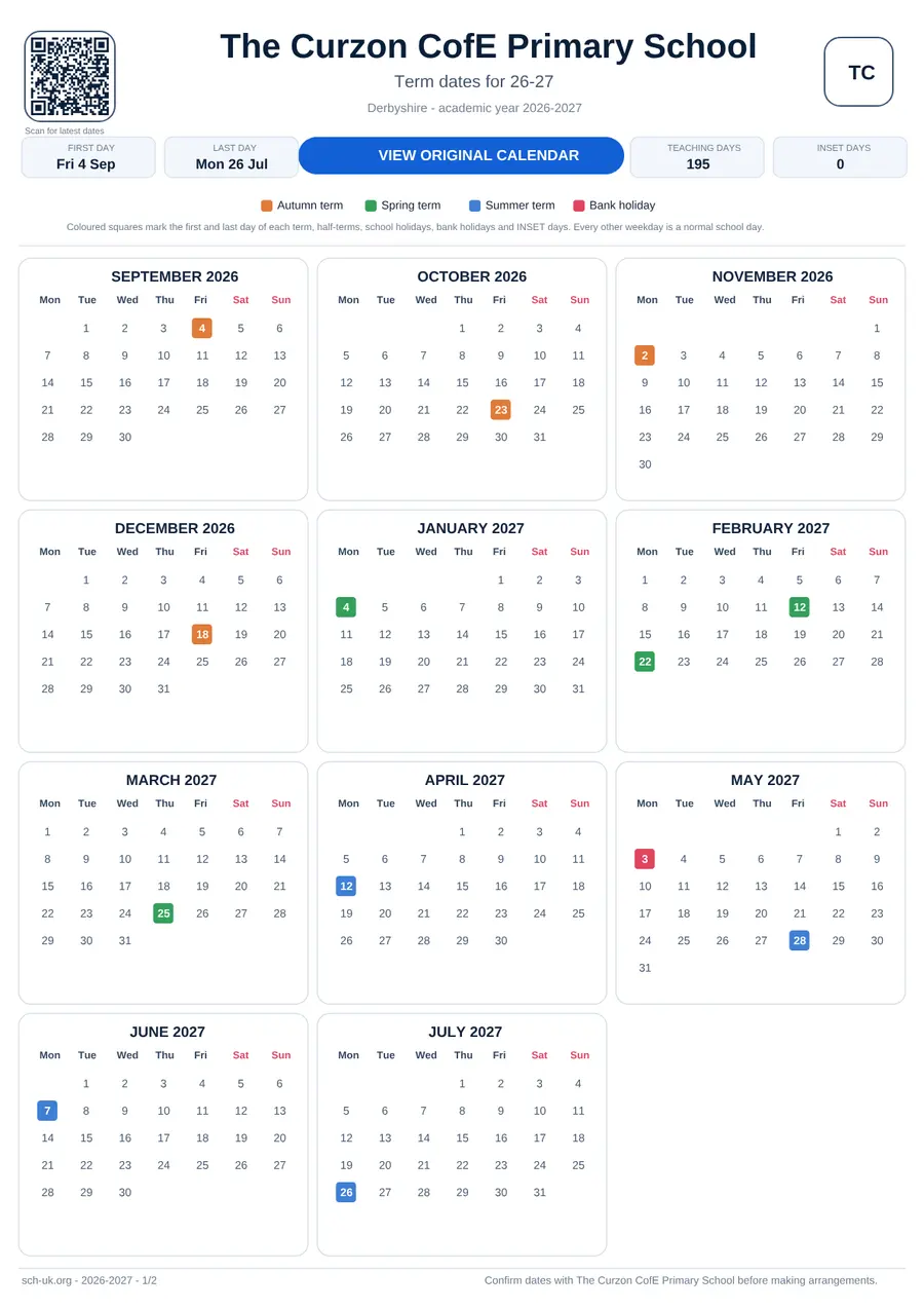 The Curzon CofE Primary School interactive calendar 2026–2027