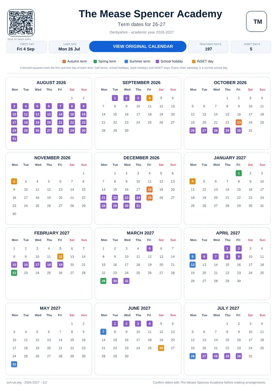 The Mease Spencer Academy interactive calendar 2026–2027