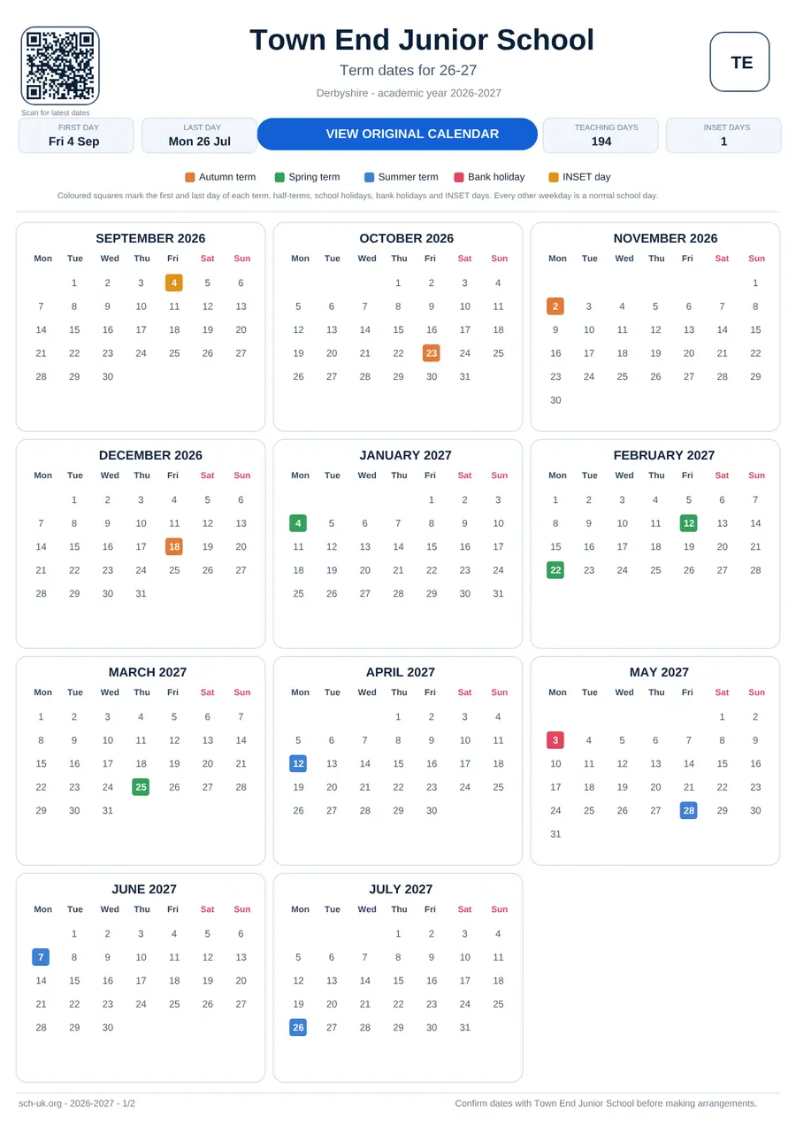Town End Junior School interactive calendar 2026–2027