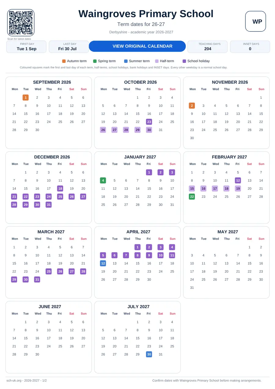 Waingroves Primary School interactive calendar 2026–2027