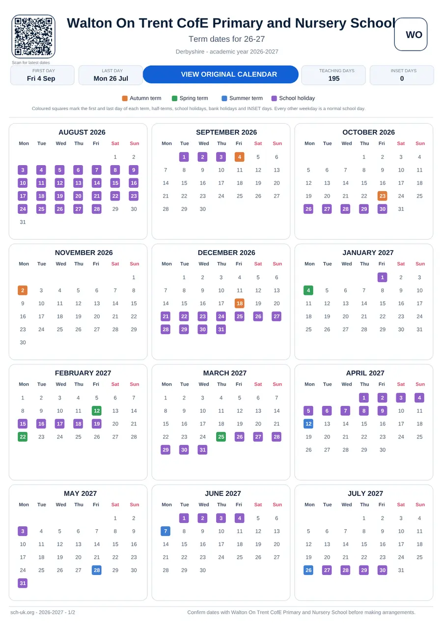Walton On Trent CofE Primary and Nursery School interactive calendar 2026–2027