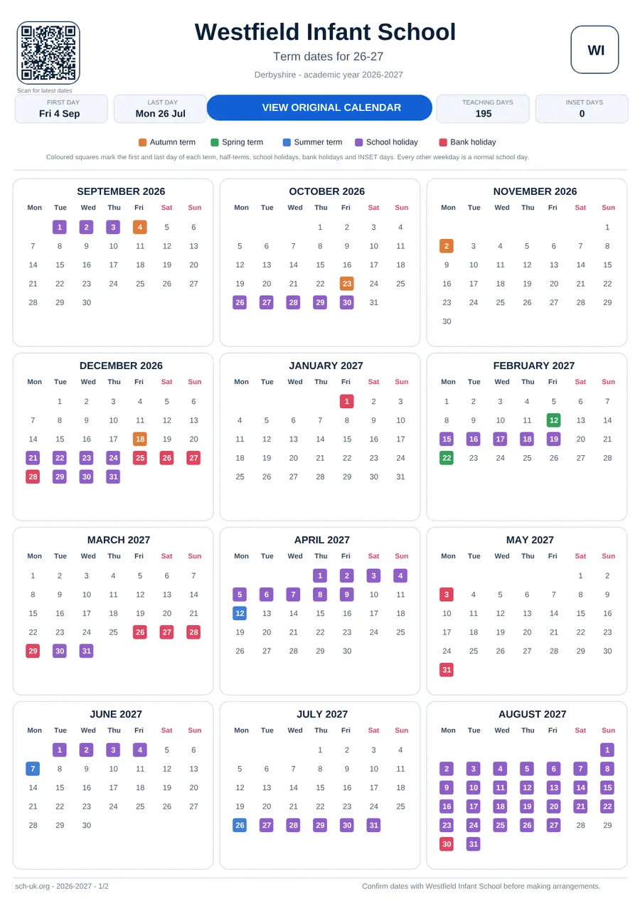 Westfield Infant School interactive calendar 2026–2027