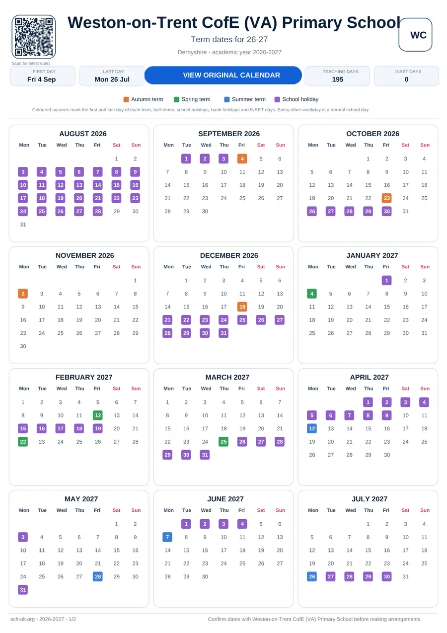 Weston-on-Trent CofE (VA) Primary School interactive calendar 2026–2027