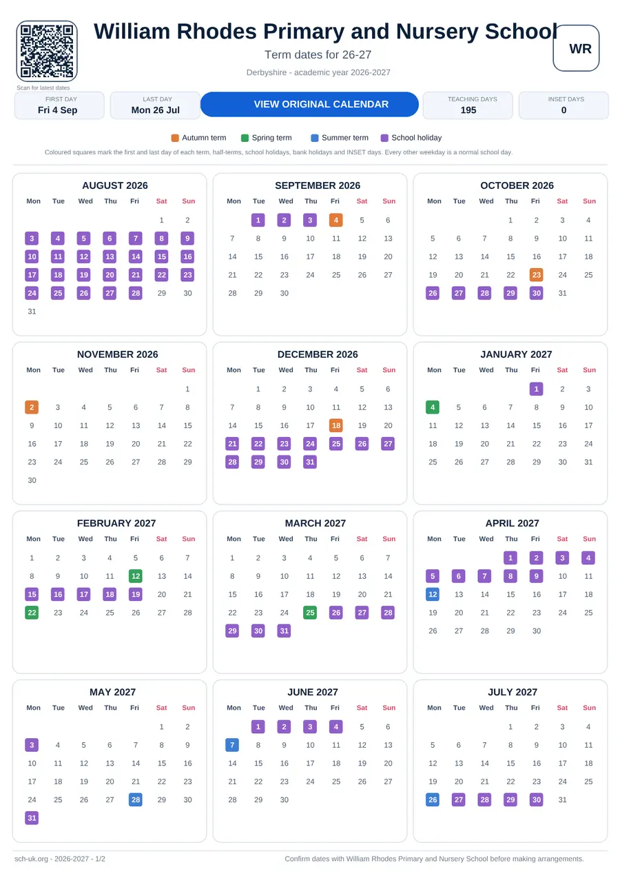 William Rhodes Primary and Nursery School interactive calendar 2026–2027
