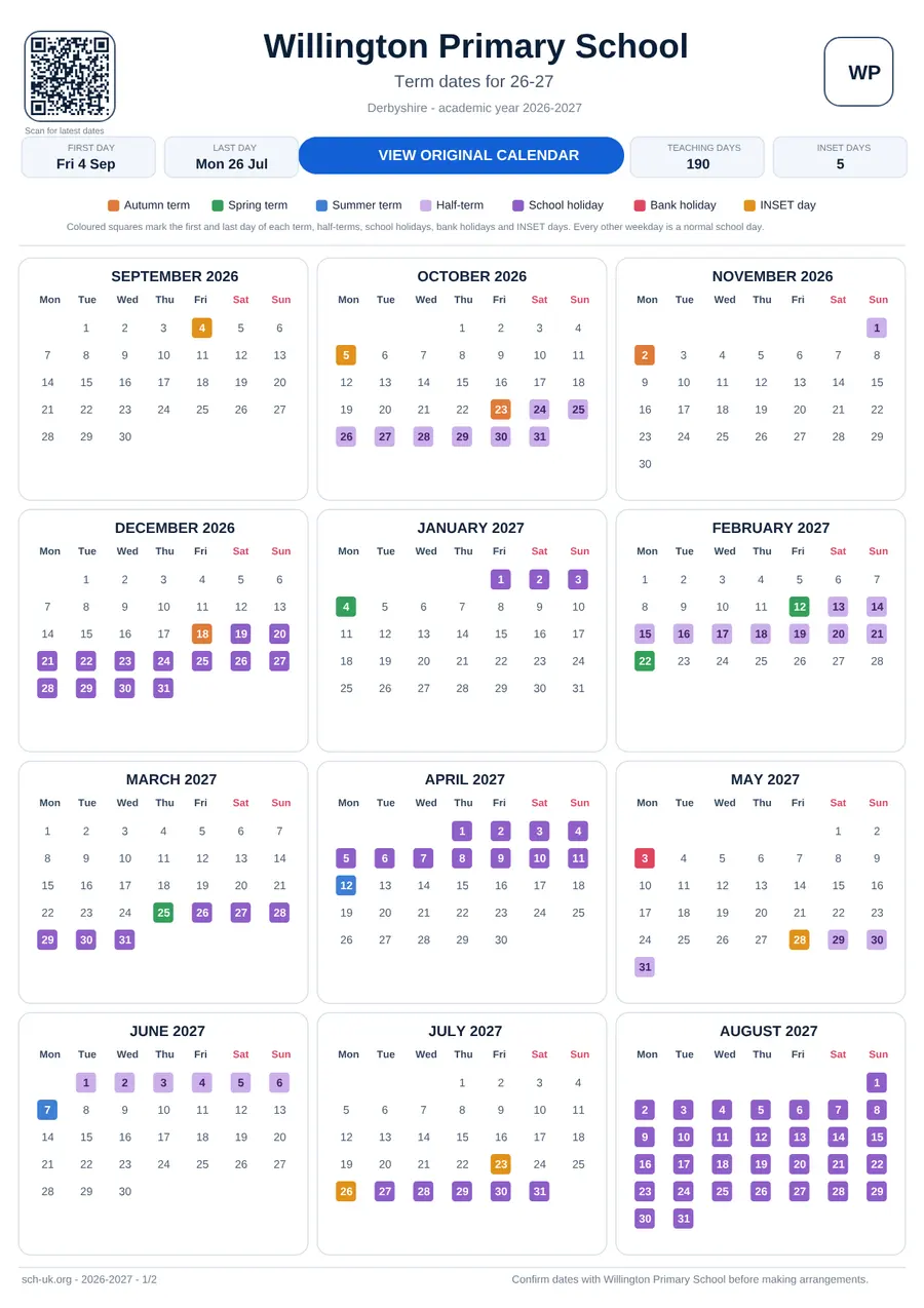 Willington Primary School interactive calendar 2026–2027