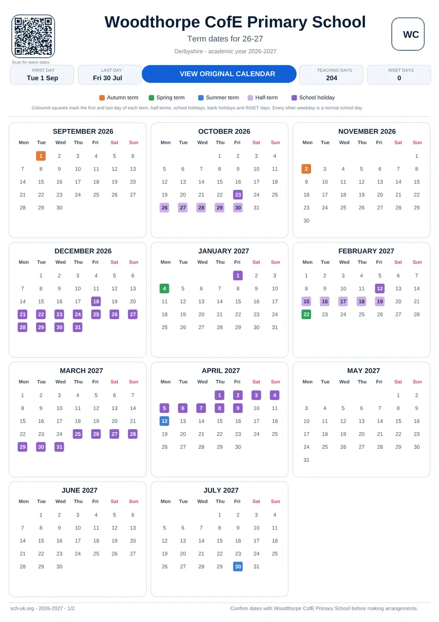 Woodthorpe CofE Primary School interactive calendar 2026–2027