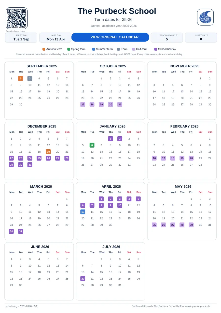 The Purbeck School interactive calendar 2025–2026