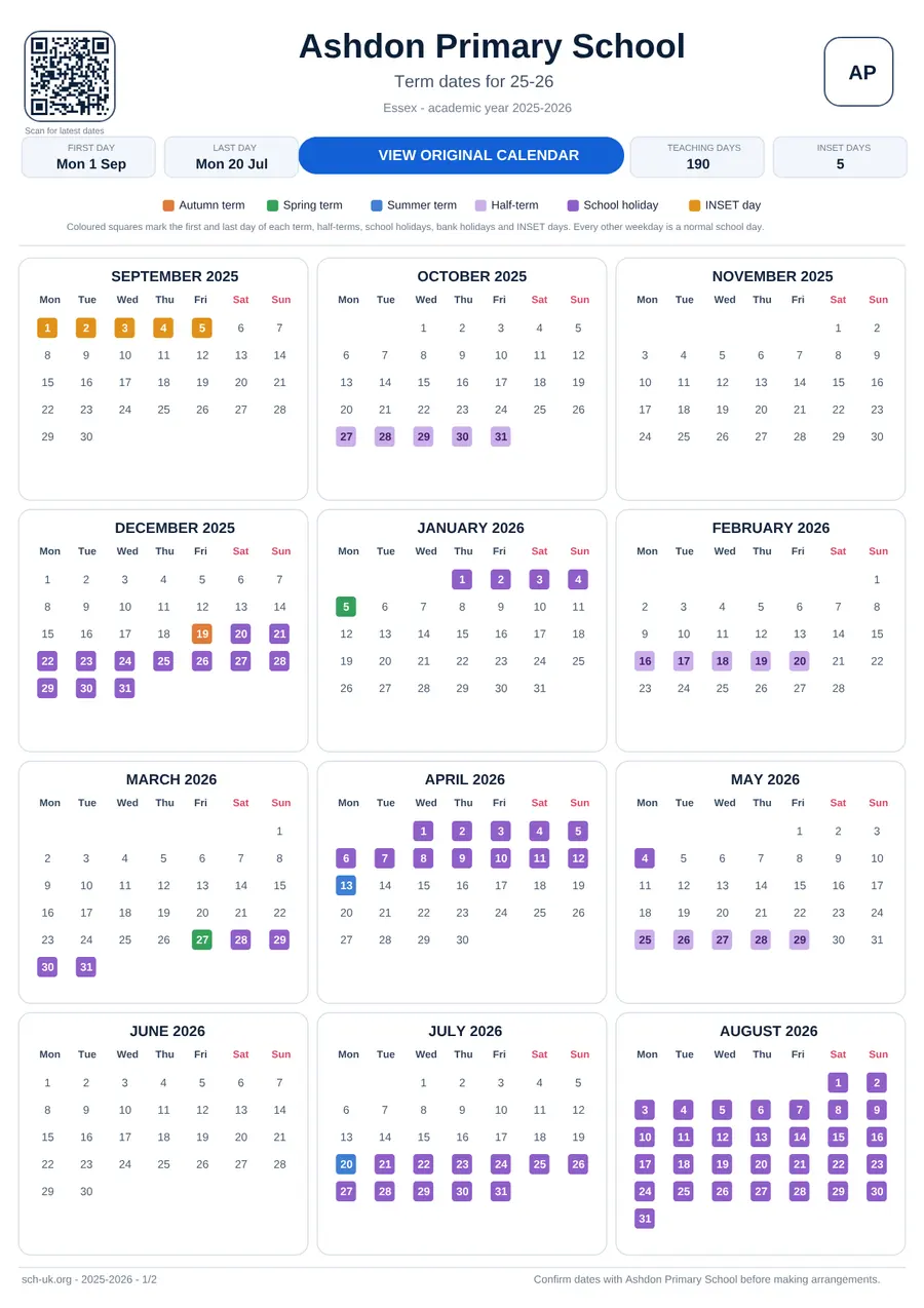Ashdon Primary School interactive calendar 2025–2026
