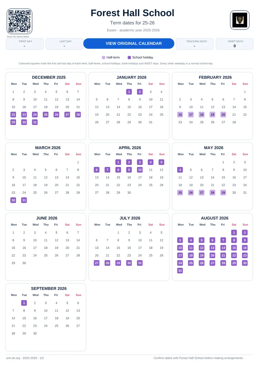 Forest Hall School interactive calendar 2025–2026