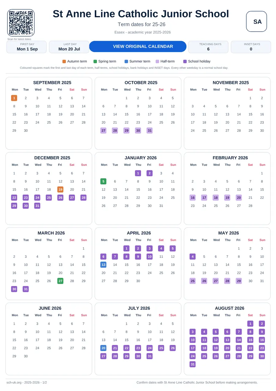 St Anne Line Catholic Junior School interactive calendar 2025–2026