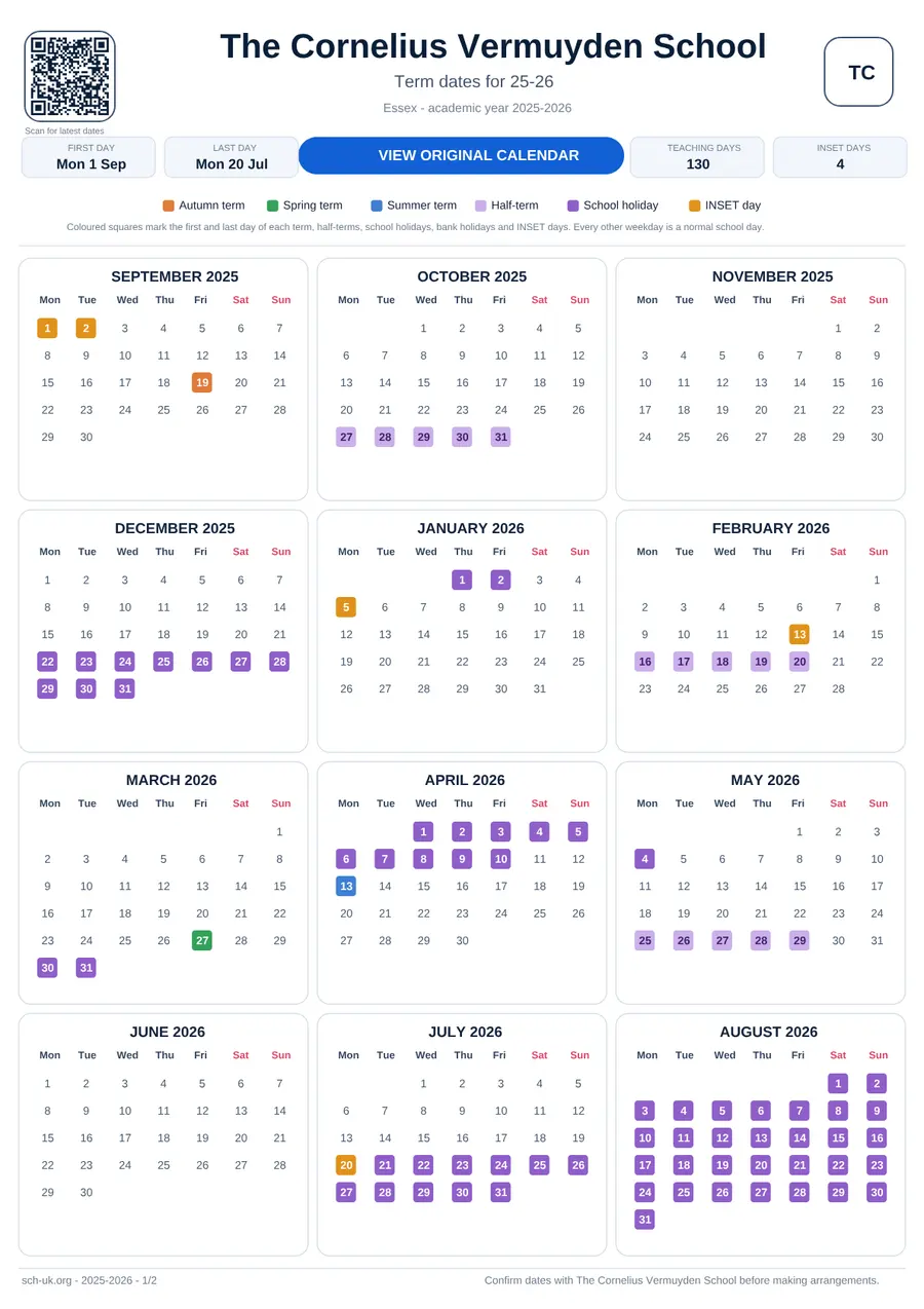 The Cornelius Vermuyden School interactive calendar 2025–2026