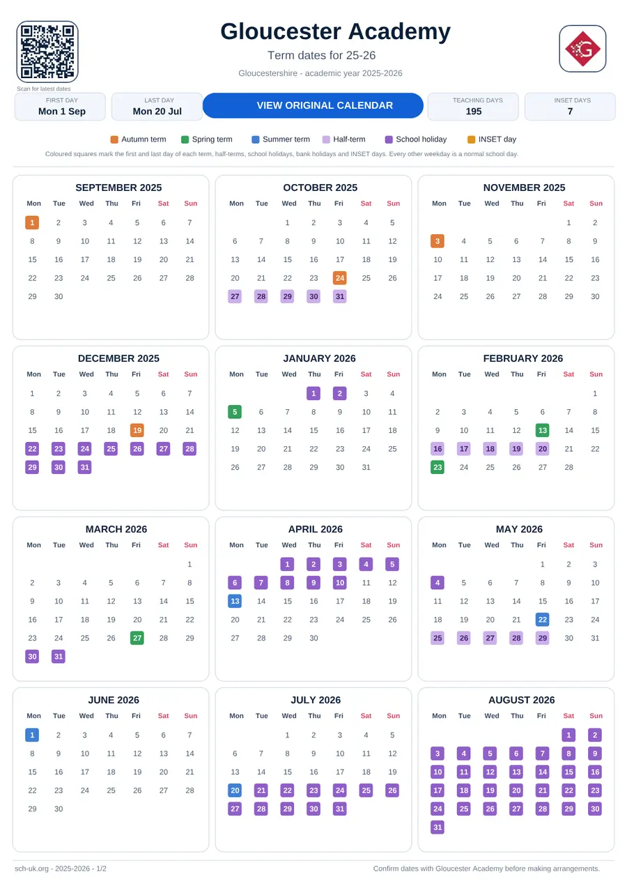 Gloucester Academy interactive calendar 2025–2026