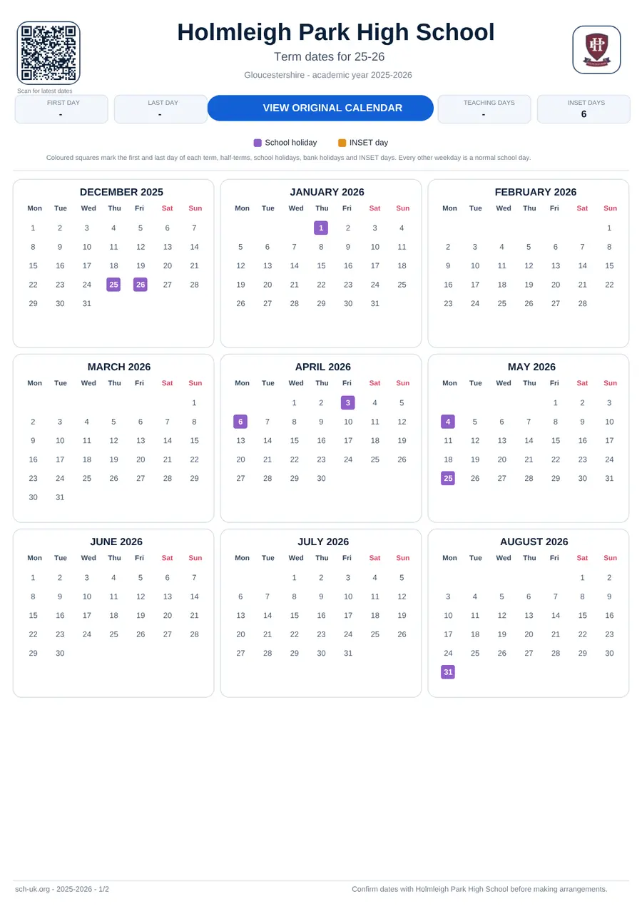 Holmleigh Park High School interactive calendar 2025–2026