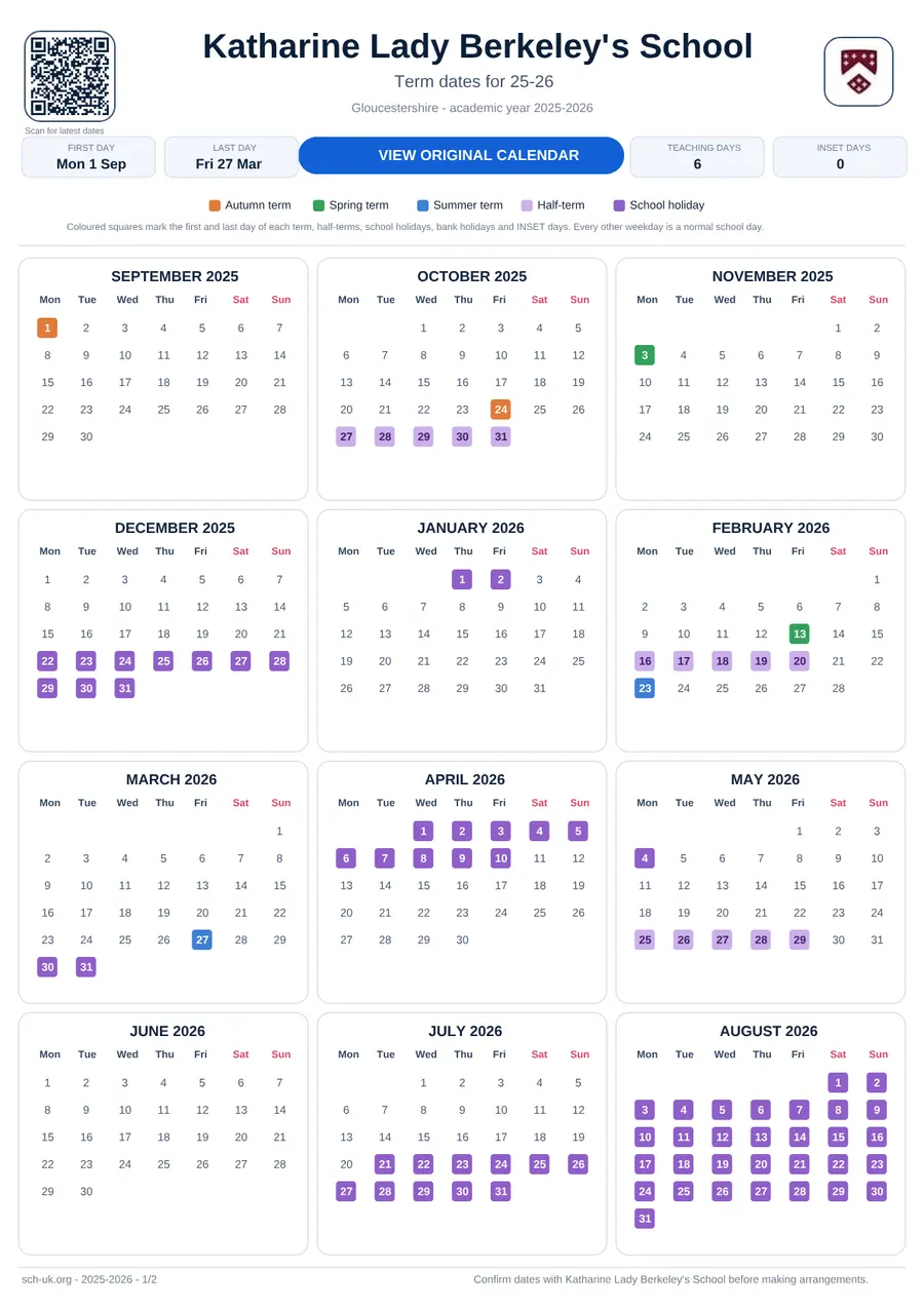 Katharine Lady Berkeley's School interactive calendar 2025–2026