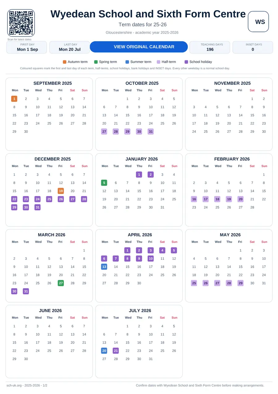 Wyedean School and Sixth Form Centre interactive calendar 2025–2026