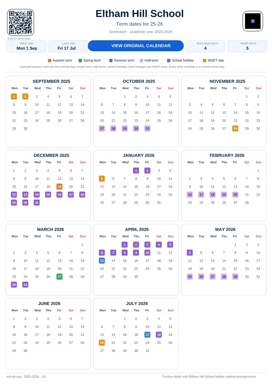 Eltham Hill School interactive calendar 2025–2026