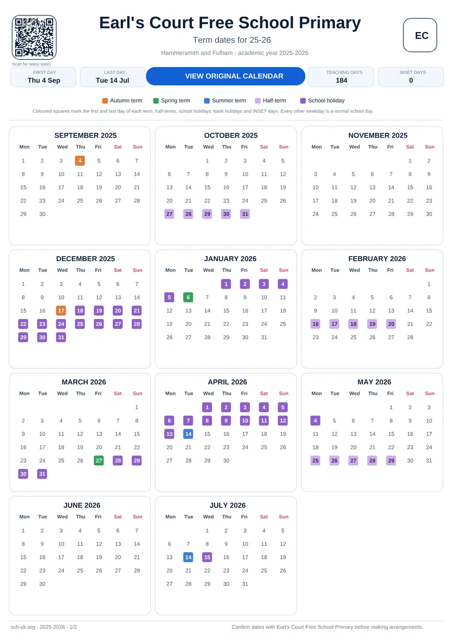 Earl's Court Free School Primary interactive calendar 2025–2026