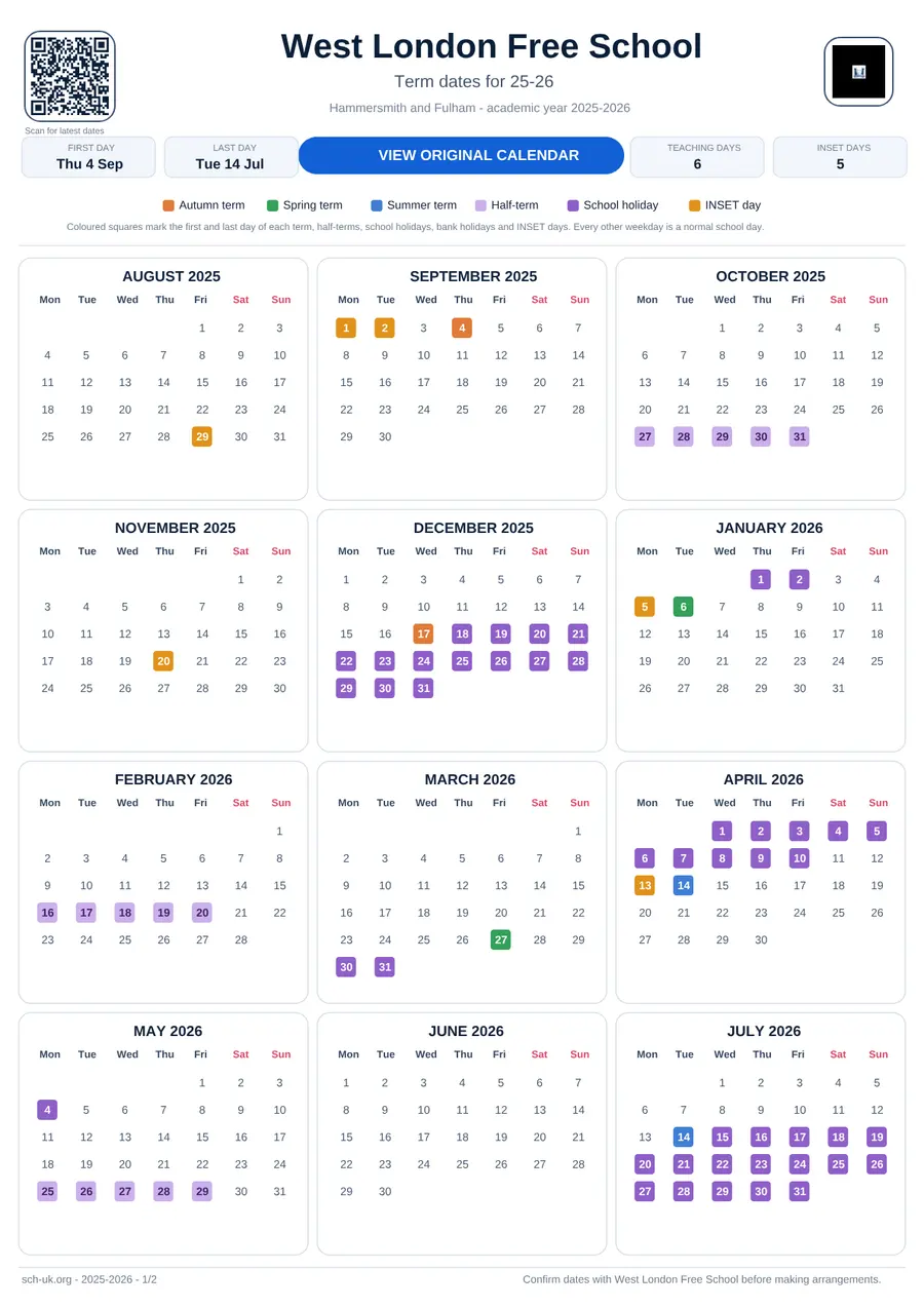 West London Free School interactive calendar 2025–2026