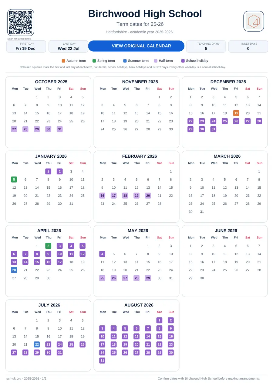 Birchwood High School interactive calendar 2025–2026