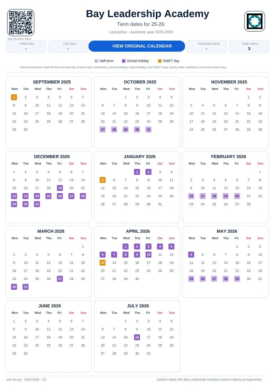 Bay Leadership Academy interactive calendar 2025–2026